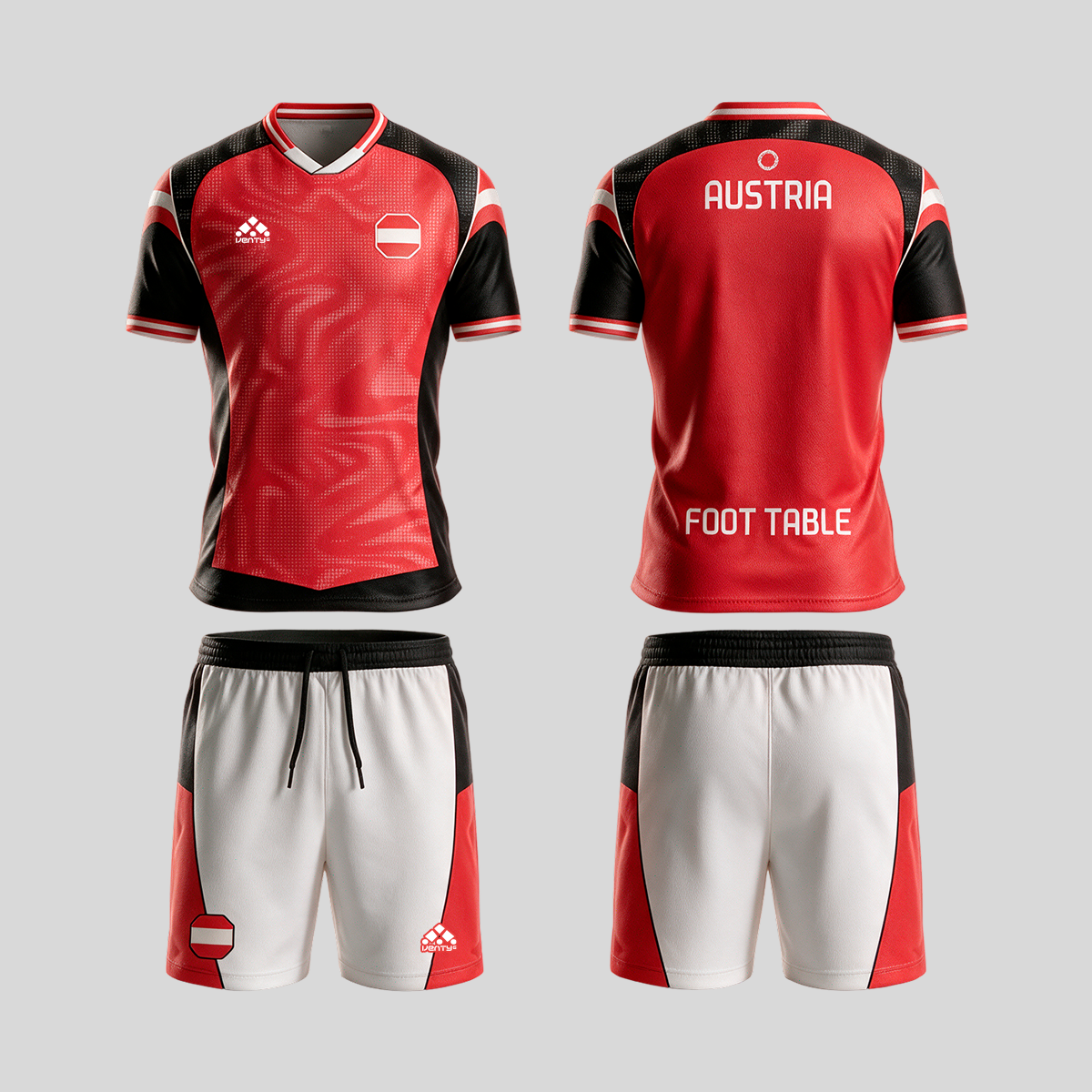 Austria official uniform, Foot Table World Championship Rome 2026, jersey and shorts front and back