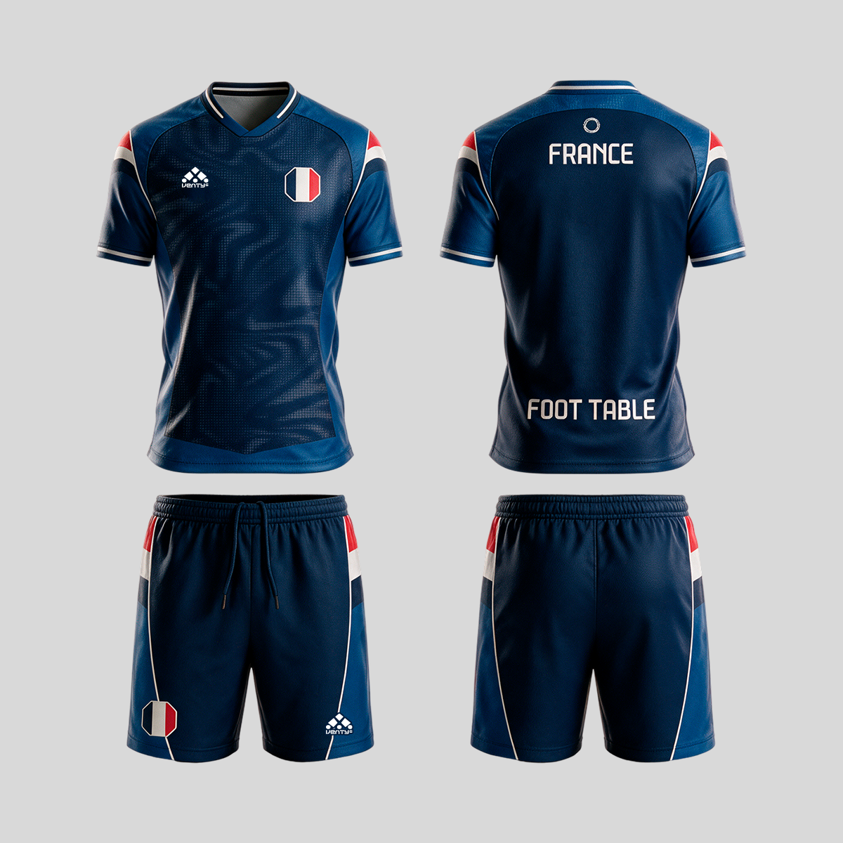 France official uniform, Foot Table World Championship Rome 2026, jersey and shorts front and back