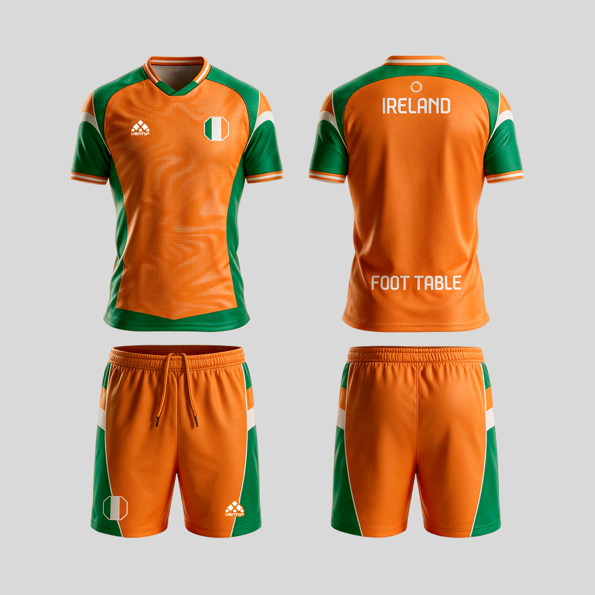 Ireland official uniform, Foot Table World Championship Rome 2026, jersey and shorts front and back
