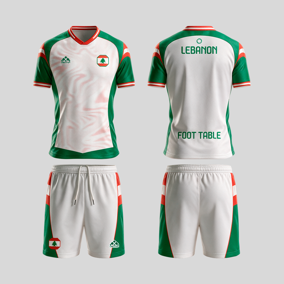 Lebanon official uniform, Foot Table World Championship Rome 2026, jersey and shorts front and back