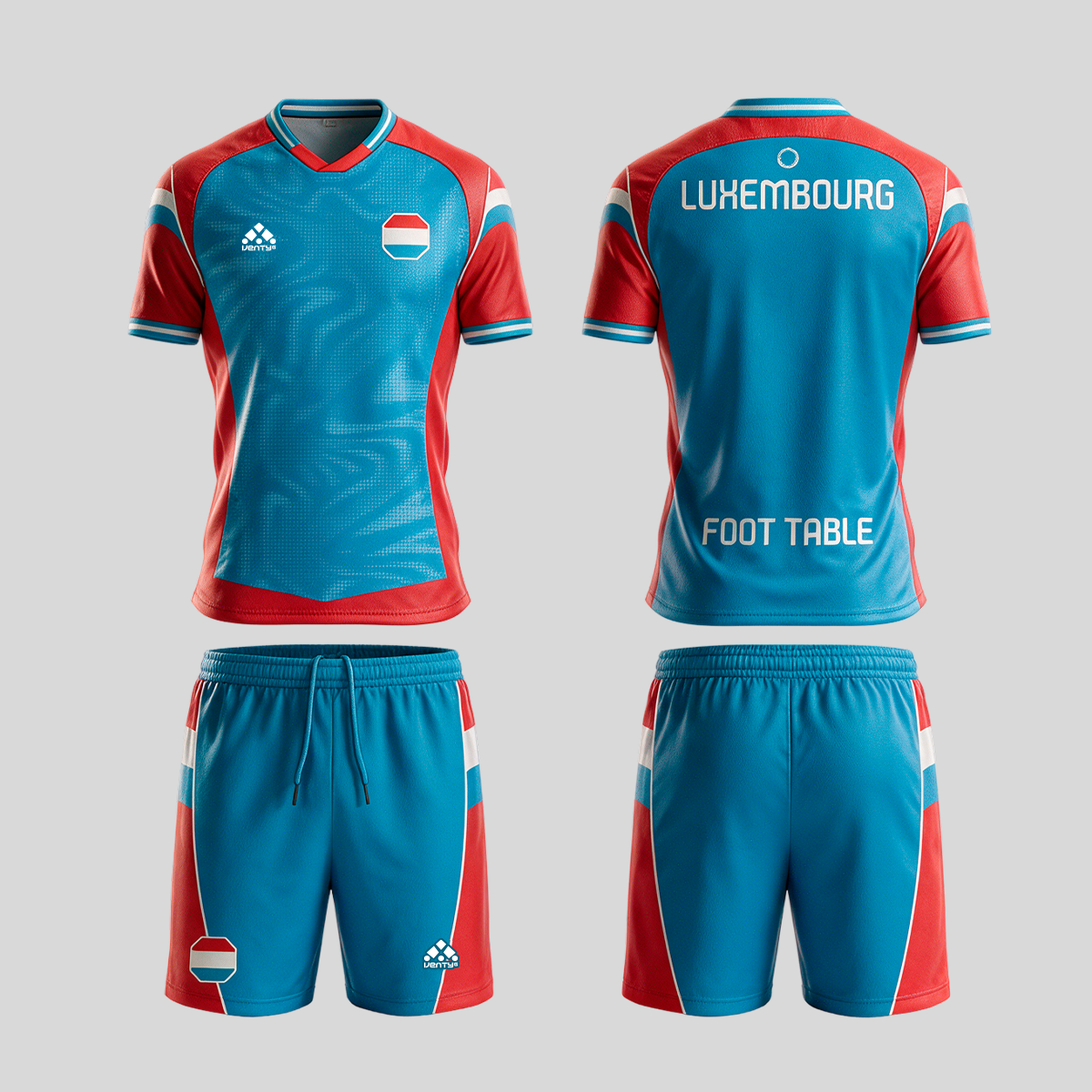 Luxembourg official uniform, Foot Table World Championship Rome 2026, jersey and shorts front and back