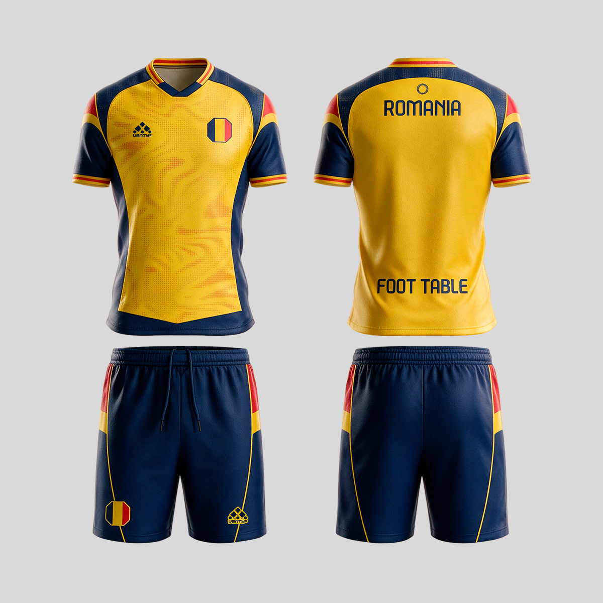 Romania official uniform, Foot Table World Championship Rome 2026, jersey and shorts front and back