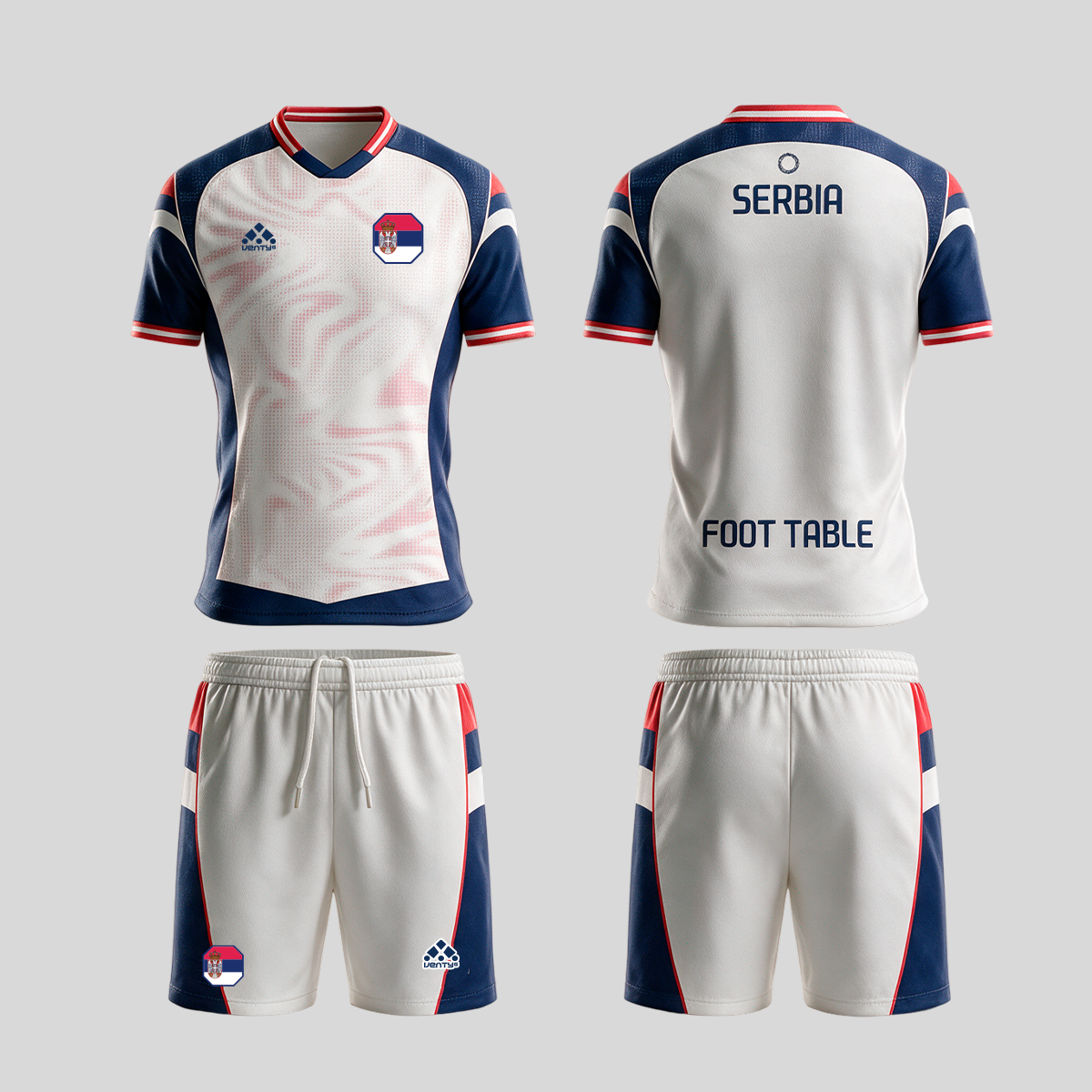 Serbia official uniform, Foot Table World Championship Rome 2026, jersey and shorts front and back