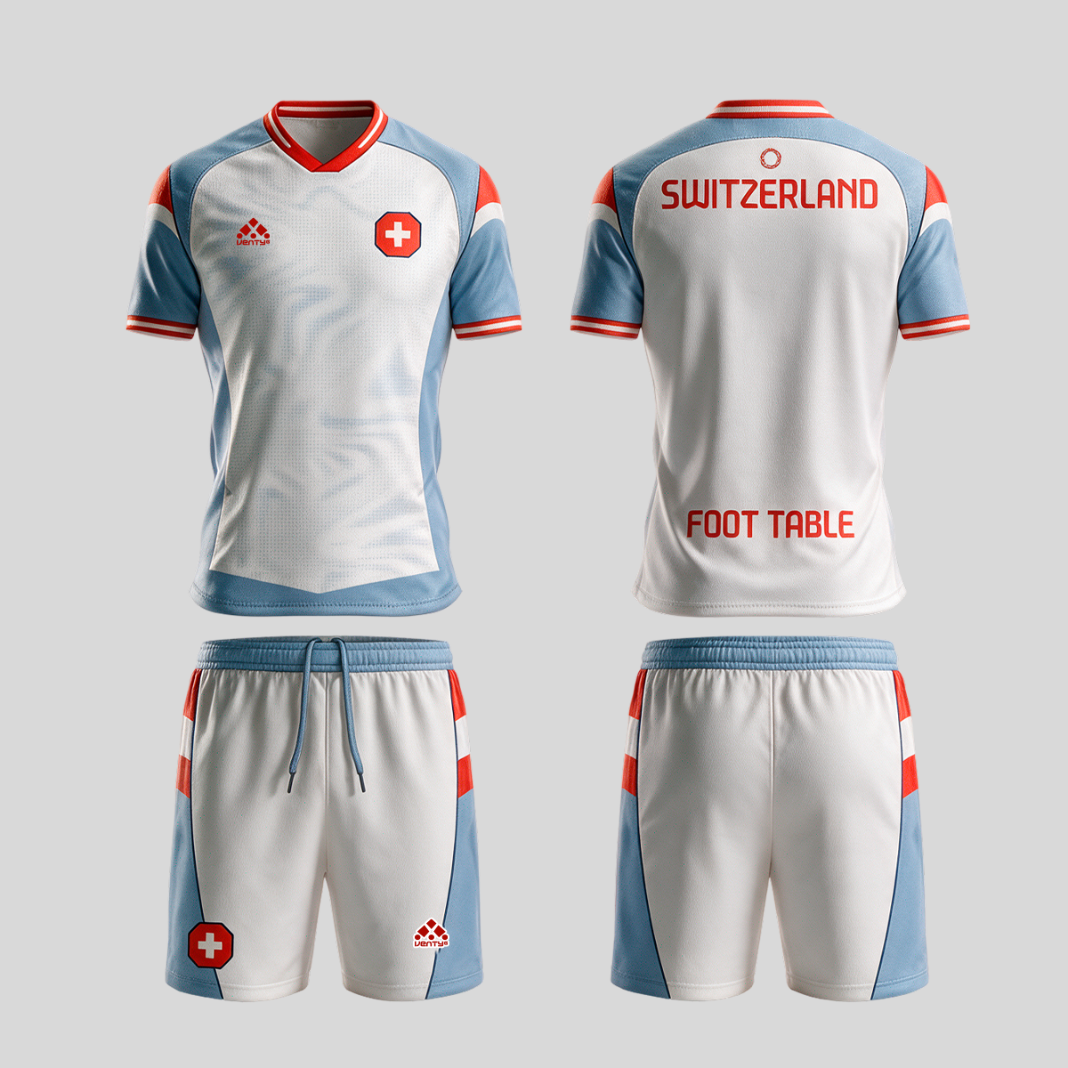 Switzerland official uniform, Foot Table World Championship Rome 2026, jersey and shorts front and back